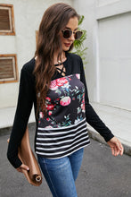 Load image into Gallery viewer, Floral and Striped Print Lace Up Top