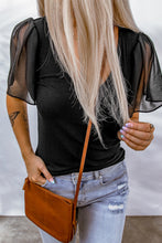 Load image into Gallery viewer, Spliced Mesh Puff Sleeve Ribbed Top