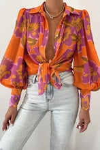 Load image into Gallery viewer, Flower Print Collared Neck Lantern Sleeve Shirt