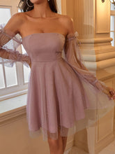 Load image into Gallery viewer, Glitter Off-Shoulder Mesh Flounce Sleeve A-Line Dress