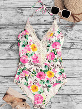 Load image into Gallery viewer, Plus Size Floral Lace Trim Halter Neck One-Piece Swimsuit