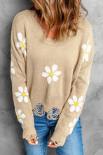 Load image into Gallery viewer, Floral Ribbed Trim Distressed Sweater
