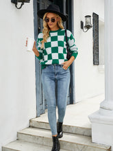 Load image into Gallery viewer, Checkered Dropped Shoulder Round Neck Sweater