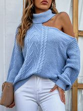 Load image into Gallery viewer, Mixed Knit Cold-Shoulder Turtleneck Sweater