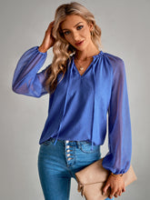 Load image into Gallery viewer, Frill Trim Tie Neck Raglan Sleeve Blouse