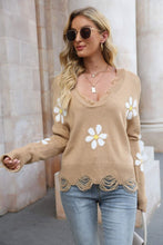 Load image into Gallery viewer, Flower Distressed Ribbed Trim Sweater