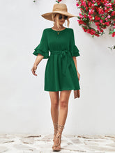 Load image into Gallery viewer, Round Neck Tie Belt Flounce Sleeve Dress