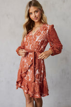 Load image into Gallery viewer, Pompom Trim Puff Sleeve Belted Lace Dress