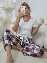 Load image into Gallery viewer, V-Neck Tee and Plaid Pants Lounge Set