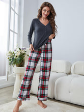 Load image into Gallery viewer, Buttoned Long Sleeve Top and Plaid Pants Lounge Set