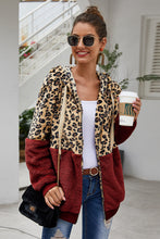 Load image into Gallery viewer, Spliced Leopard Drawstring Zip-Up Teddy Hoodie