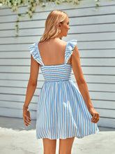 Load image into Gallery viewer, Striped Smocked Ruffle-Shoulder Sleeveless Dress