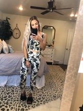 Load image into Gallery viewer, NATURAL Color Athletic Leggings w/ BLACK Silhouette Floral Details| DIBS 242