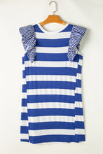 Load image into Gallery viewer, Ruffled Striped Round Neck Cap Sleeve Mini Dress
