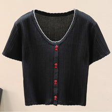 Load image into Gallery viewer, Contrast Decorative Button Short Sleeve Knit Top
