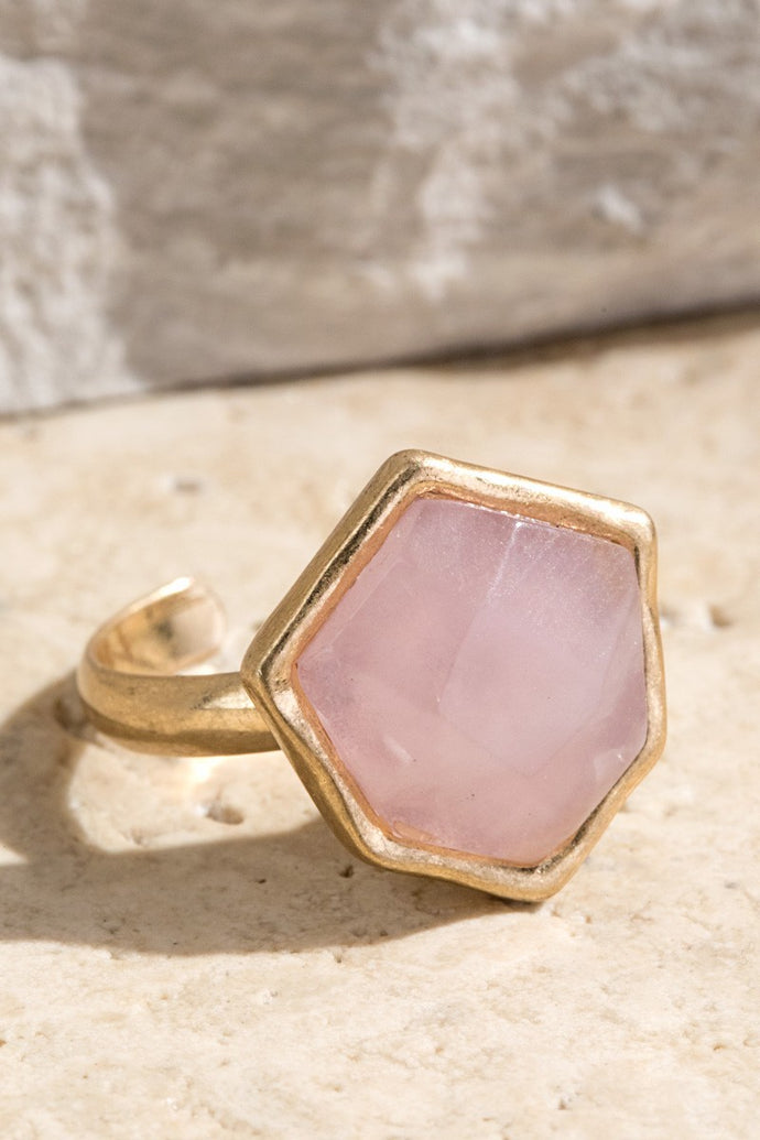8754 Semi Precious Stone ROSE QUARTZ Hex Adjustable Ring