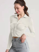 Load image into Gallery viewer, Ruched Button Up Long Sleeve T-Shirt
