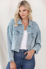 Load image into Gallery viewer, Distressed Pearl Trim Button Up Denim Jacket
