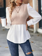 Contrast Round Neck Puff Sleeve Blouse