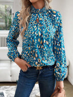 Cutout Printed Mock Neck Balloon Sleeve Blouse