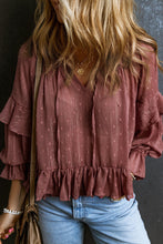 Load image into Gallery viewer, Swiss Dot Tie Neck Flounce Sleeve Blouse
