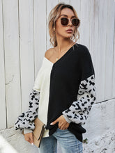 Load image into Gallery viewer, Woven Right Leopard Color Block V-Neck Tunic Pullover Sweater
