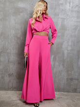 Load image into Gallery viewer, Collared Neck Long Sleeve Top and Wide Leg Pants Set
