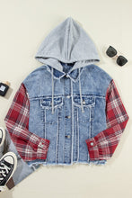Load image into Gallery viewer, Raw Hem Drawstring Plaid Denim Jacket
