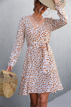 Load image into Gallery viewer, Printed V-Neck Tie Belt Ruffle Hem Mini Dress
