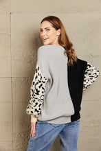 Load image into Gallery viewer, Woven Right Leopard Color Block V-Neck Tunic Pullover Sweater
