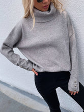 Load image into Gallery viewer, Woven Right Button Detail Rib-Knit Turtleneck Sweater
