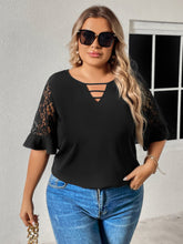 Load image into Gallery viewer, Plus Size Cutout Round Neck Spliced Lace Flounce Sleeve Blouse
