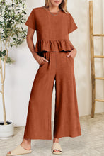 Load image into Gallery viewer, Peplum Round Neck Short Sleeve Top and Pants Set
