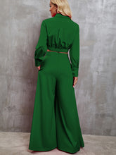 Load image into Gallery viewer, Collared Neck Long Sleeve Top and Wide Leg Pants Set
