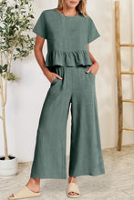 Load image into Gallery viewer, Peplum Round Neck Short Sleeve Top and Pants Set
