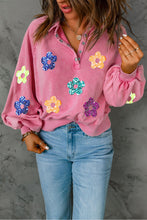 Load image into Gallery viewer, Sequin Flower Half Snap Lantern Sleeve Sweatshirt
