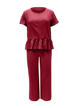 Load image into Gallery viewer, Peplum Round Neck Short Sleeve Top and Pants Set

