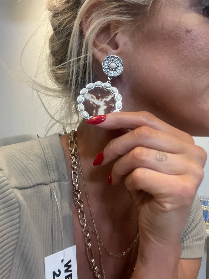 Cowhide / Ivory Stone Fashion Drop Earrings