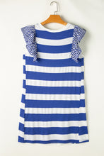 Load image into Gallery viewer, Ruffled Striped Round Neck Cap Sleeve Mini Dress
