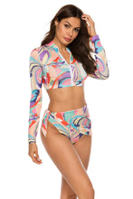 Load image into Gallery viewer, Printed Zip Up Three-Piece Swim Set
