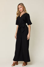 Load image into Gallery viewer, Double Take Full Size V-Neck Tie Front Short Sleeve Slit Jumpsuit
