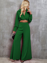 Load image into Gallery viewer, Collared Neck Long Sleeve Top and Wide Leg Pants Set
