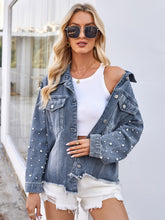 Load image into Gallery viewer, Pearl Trim Raw Hem Denim Jacket
