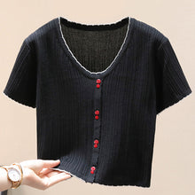Load image into Gallery viewer, Contrast Decorative Button Short Sleeve Knit Top
