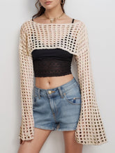 Load image into Gallery viewer, Openwork Boat Neck Long Sleeve Knit Cover Up
