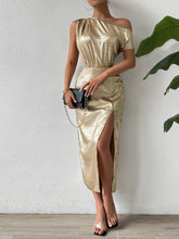 Load image into Gallery viewer, Slit One Shoulder Short Sleeve Midi Dress
