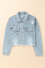 Load image into Gallery viewer, Distressed Pearl Trim Button Up Denim Jacket
