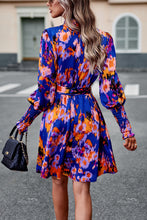 Load image into Gallery viewer, Printed Tie Waist Mock Neck Lantern Sleeve Dress
