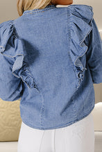 Load image into Gallery viewer, Ruffled Round Neck Long Sleeve Denim Top
