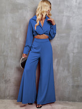 Load image into Gallery viewer, Collared Neck Long Sleeve Top and Wide Leg Pants Set
